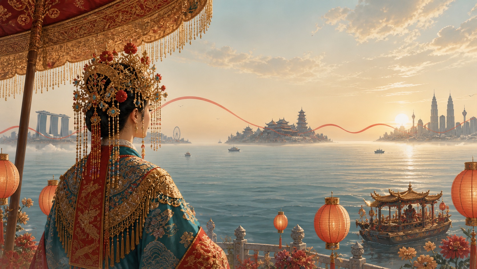 Editorial illustration of Mazu traditions across maritime communities