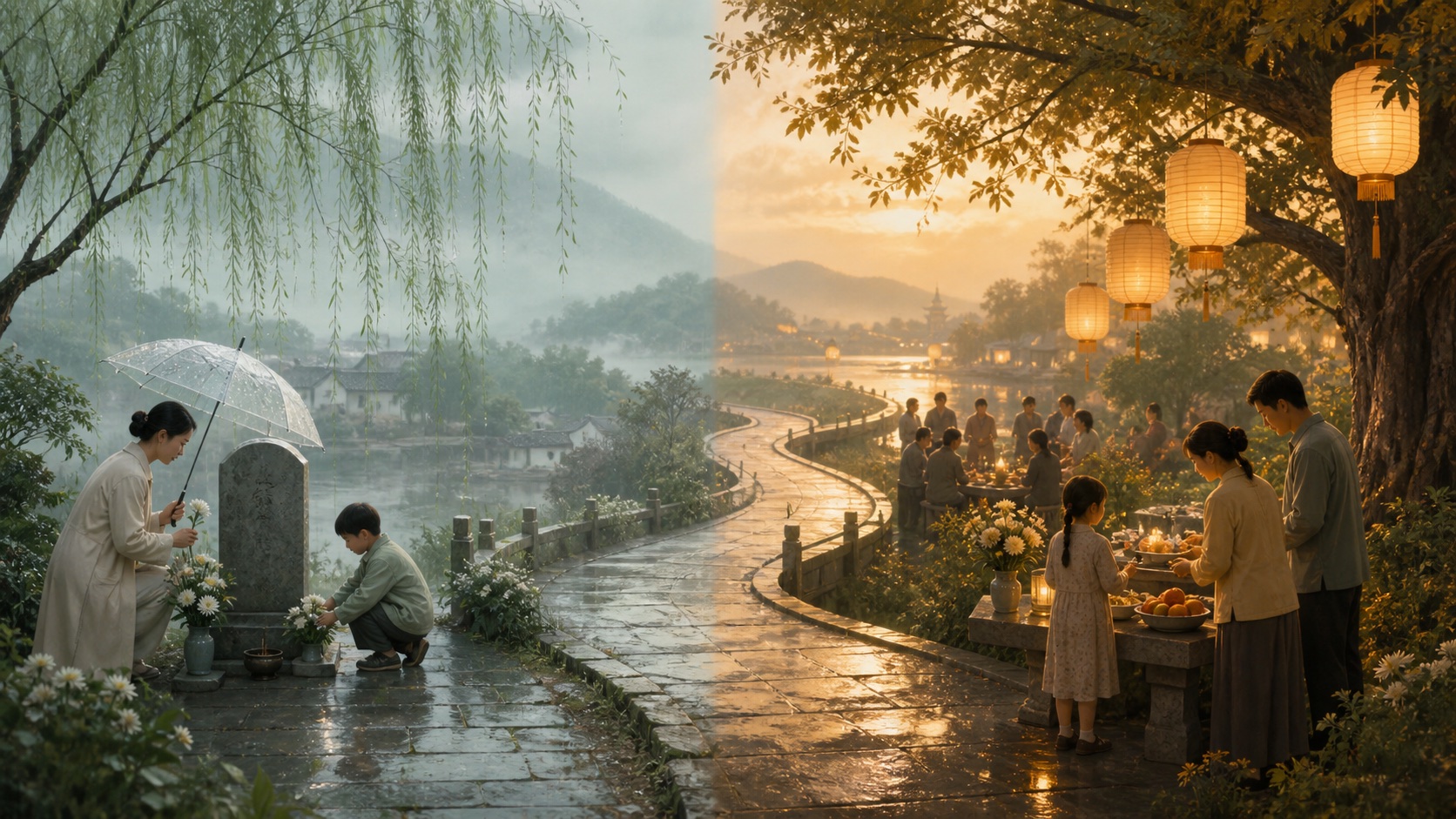 春雨扫墓与夏夜团聚追思相连的节日比较插画